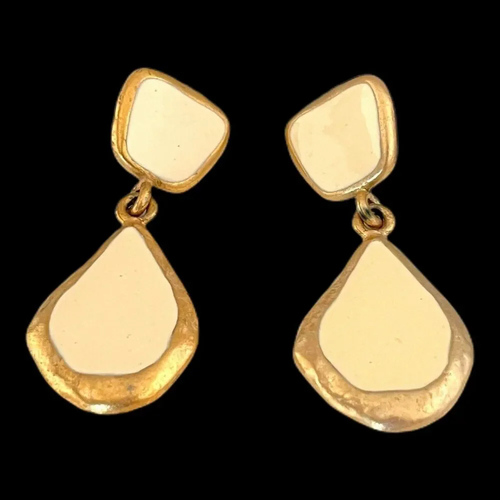 Vintage 1980s Enamel Earrings Cream Gold Tone Statement - 3H-C